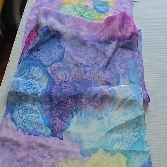 100% Silk Watercolor Tie‑Dye Oblong Scarf 13x67 Pastel Purple Blue - Picture 5 of 7